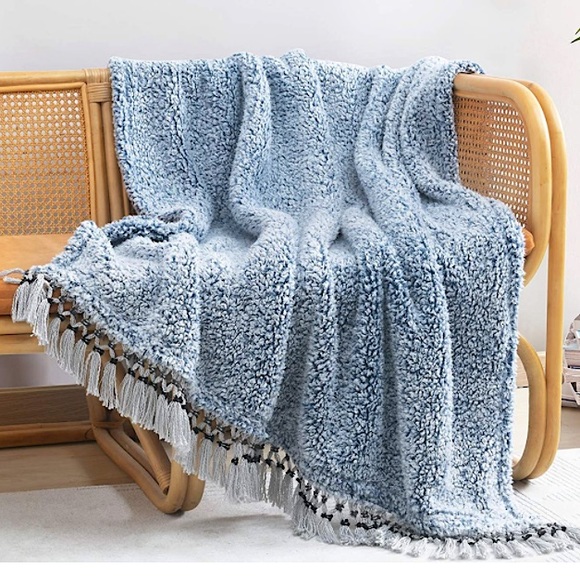 Urban Outfitters Other - Light Blue Farmhouse Boho Sherpa Cold Weather Cute Tassel Sofa Throw Blanket